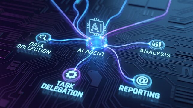 AI agent glowing circuit hub connecting data collection analysis task delegation and reporting, futuristic neon interface conveying intelligent automation and digital workflow efficiency with