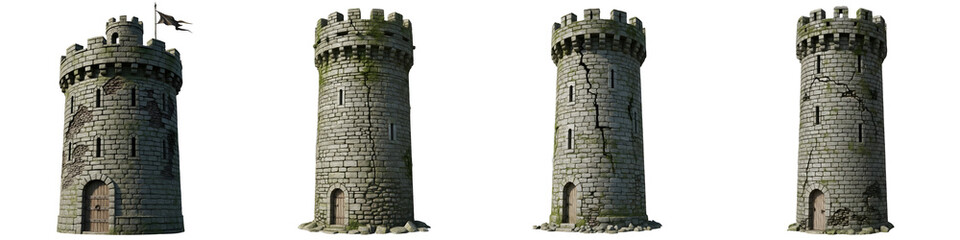 Collection of realistic medieval stone castle towers, isolated on white background. Detailed architectural assets for fantasy games, history, and storytelling themes. © al safeer 