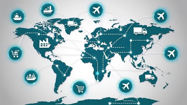 Global logistics and supply chain network icons connecting continents on a world map