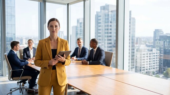 Confident businesswoman in mustard suit holding tablet in modern glass boardroom with diverse colleagues meeting at table, bright city skyline visible, professional atmosphere and focus