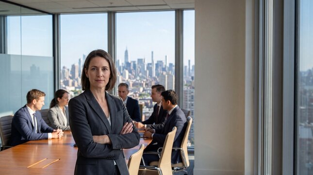 Experienced female executive standing with arms crossed in modern glass conference room overlooking city skyline, confident leadership and professional teamwork visible in background