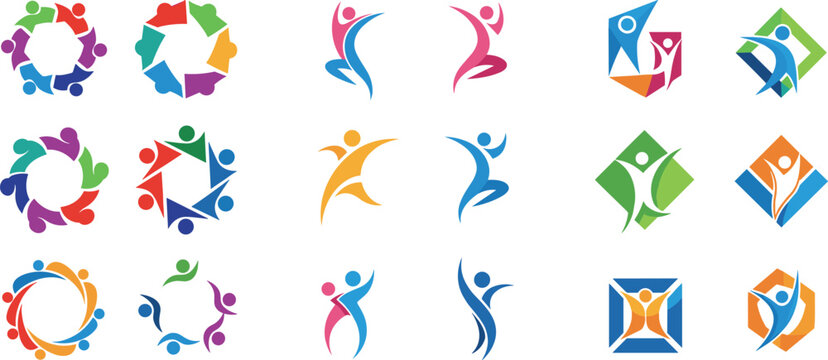 Abstract colorful people logo set featuring dynamic human figures in motion representing teamwork, community, unity, diversity, and creative collaboration