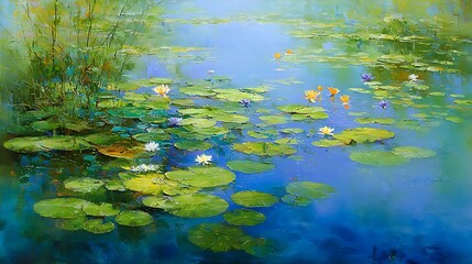 Obraz premium Sunlit Water Lilies and Lily Pads on a Teal Pond