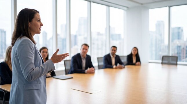 Woman in blazer delivering confident presentation to seated colleagues in bright modern boardroom with city skyline view