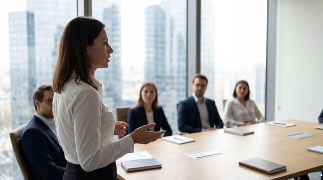 Professional businesswoman giving presentation in modern conference room with attentive colleagues, confident speaking and collaborative atmosphere