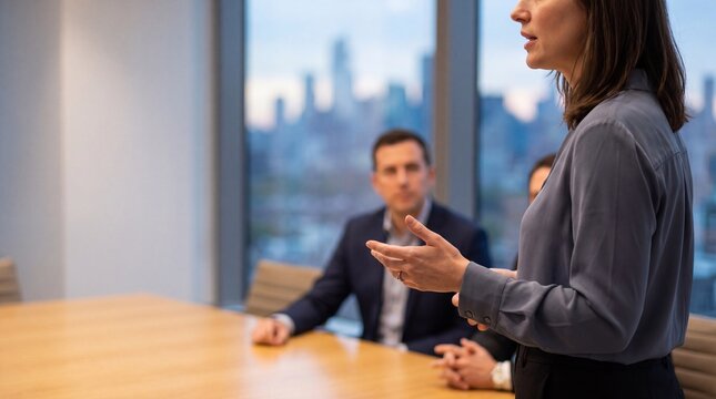 Female executive giving presentation modern conference room with city skyline visible through window, confident speaking gesture with colleagues listening attentively, professional leadership vibe