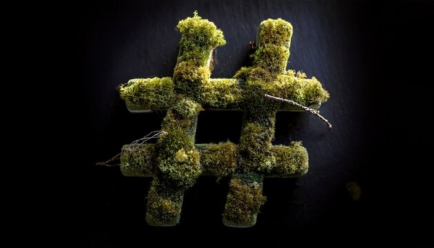 Moss Covered Hashtag Symbol On Black Background Symbolizing Nature S Influence
