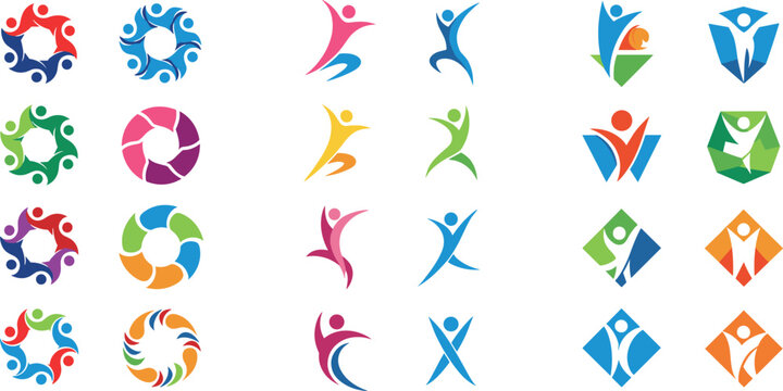Colorful abstract people logo collection featuring dynamic human figures, circular teamwork icons, and modern symbols representing unity and collaboration
