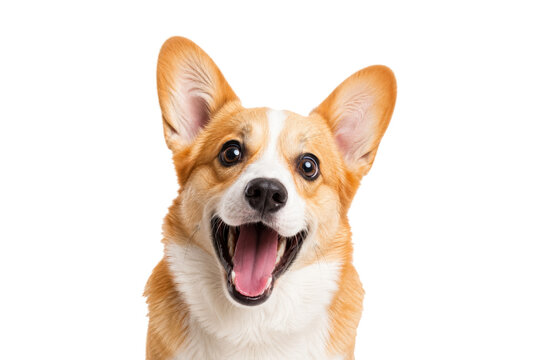 Happy Pembroke Welsh Corgi dog smiling with tongue out, isolated on clean background, cheerful expression, adorable pet portrait perfect for pet lovers and marketing use