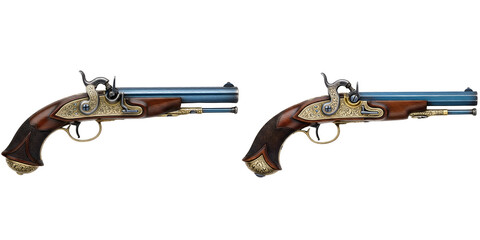 Obraz premium Two Antique Flintlock Pistols Isolated on White Background, Vintage Historical Firearms with Ornate Wooden Grips, Collectible Black Powder Weapons for Display
