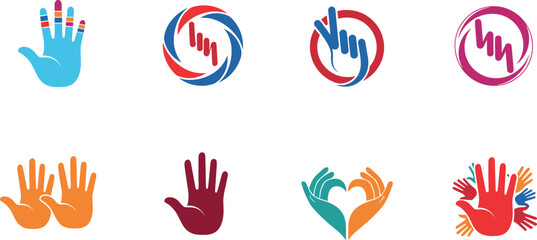 Fototapeta premium Colorful hand gesture logo collection featuring abstract raised hands, support symbols, and community unity icons representing care, diversity, and collaboration