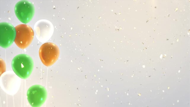 Silver and gold confetti falling from a white background, along with balloons in three colors: green, orange, and white. (These colors are based on the colors of the Dutch, Irish, and Indian flags.) 