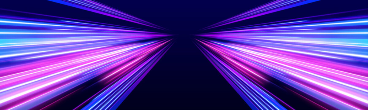 Bright light streaks extend through an abstract digital tunnel, creating a powerful sense of speed and depth. Motion blur adds realism. A bold futuristic background design.