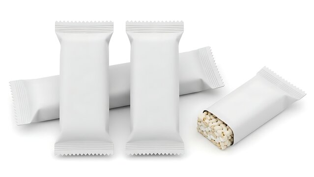 White candy wrappers on a white background with one opened