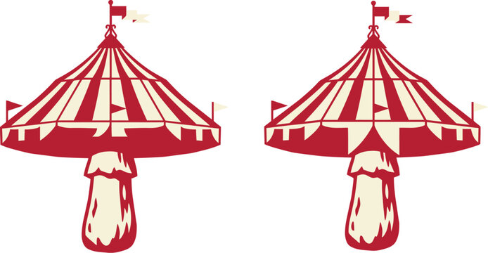 Two identical vintage circus tents with red and white stripes and flags on poles