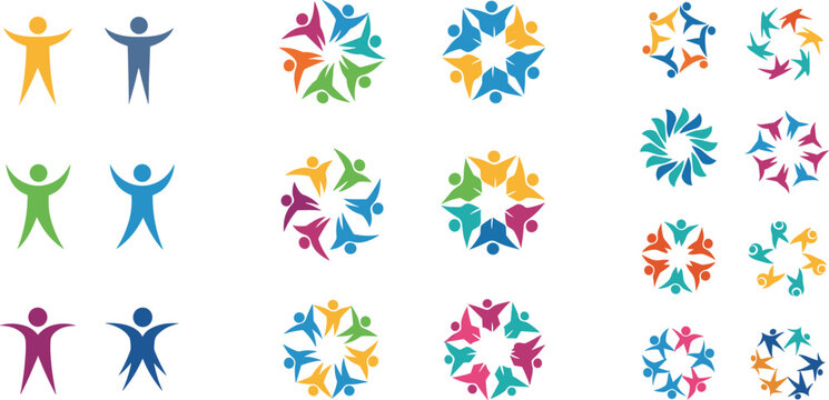 Colorful teamwork and community logo set featuring abstract human figures and circular group symbols representing unity, diversity, and collaboration