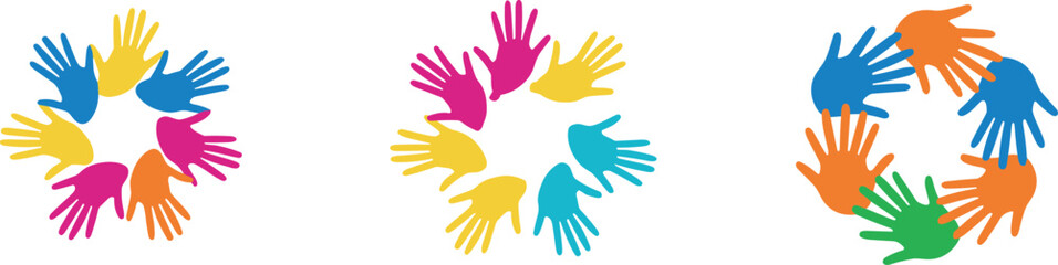 Fototapeta premium Colorful unity hand circle logo set featuring abstract teamwork symbols, diverse community support icons, and collaborative group designs for social branding
