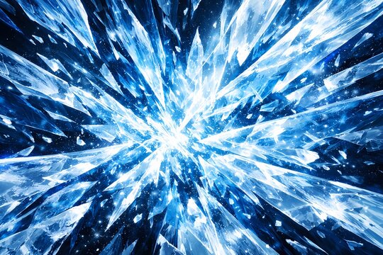 Striking digital illustration of an explosive shatter effect featuring bright blue ice or glass shards. This dynamic abstract rendering is greatly suited for powerful energetic background visuals.