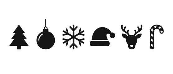 Naklejka premium Christmas Icons Set Silhouette Collection: Pine Tree, Bauble, Snowflake, Santa Hat, Reindeer, and Candy Cane - Minimalist Holiday Graphics for Design, Web, Print, and Festive Seasonal Marketing Projec