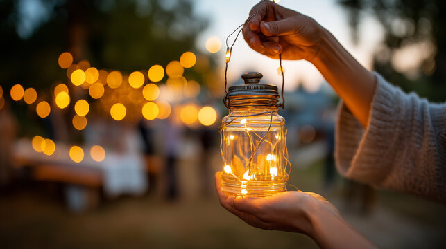 Faceless hands of a teen holding a vintage lantern or string lights during a summer night garden party, warm orange glow, blurred celebration in background, summer night, summer vi