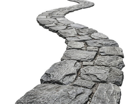 A winding stone path made of natural grey flagstones leading into the distance isolated on transparent background
