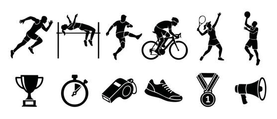 Obraz premium Sports silhouettes set featuring athletes running, cycling, playing tennis, basketball, and high jump along with championship trophy, medal, stopwatch, and coach whistle icons for fitness design conce