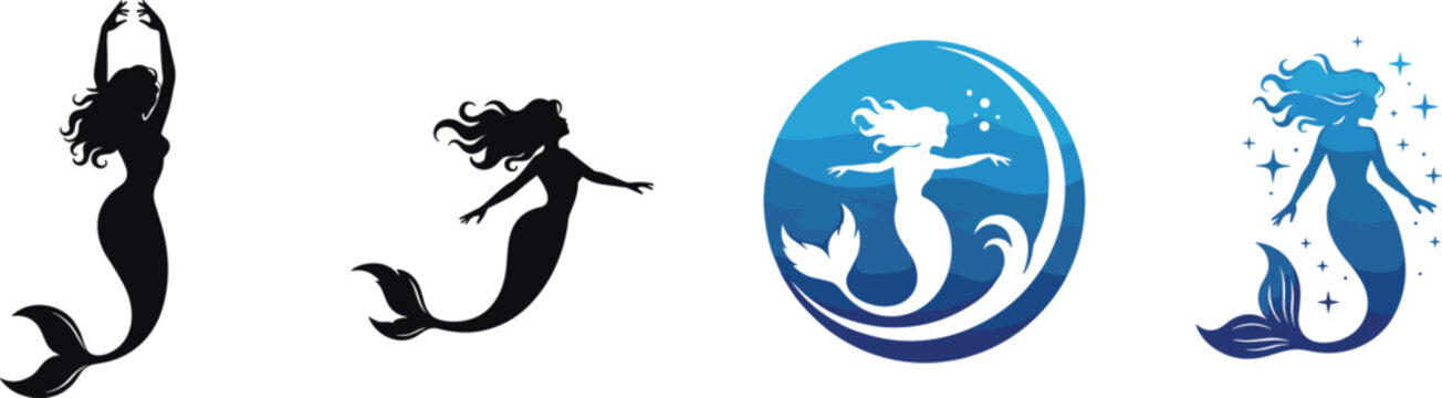 Elegant mermaid silhouette logo collection featuring aquatic fantasy characters, ocean wave designs, and mystical marine symbols for beauty and spa branding