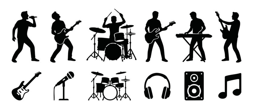 Rock Band Musicians Silhouette Collection - Concert Performance Set with Instruments, Electric Guitar, Drum Kit, Microphone, Keyboard and Musical Icons for Music Festival Poster Design and Event Brand