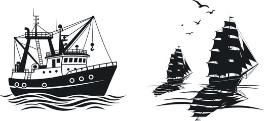 Fishing boat and sailing ship vector collection with maritime silhouettes, ocean vessels, nautical transport icons, and vintage sea illustration design © MdNazmul