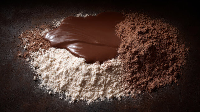 Chocolate cocoa powder and flour on dark rustic surface top down view baking ingredients messy arrangement rich texture homemade dessert preparation moody lighting