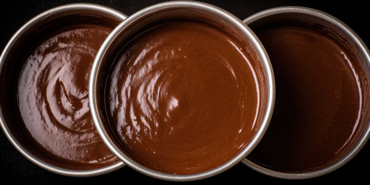 Rich chocolate cake batter in three round metal baking pans, smooth and glossy surface, ready for baking, dessert preparation, indulgent and inviting, close up food photography
