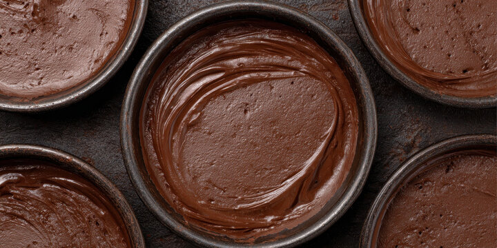Chocolate cake batter swirl dessert baking round pan homemade rich Chocolate cake batter swirled round baking pans ready for baking with rich and creamy texture creating delicious and inviting