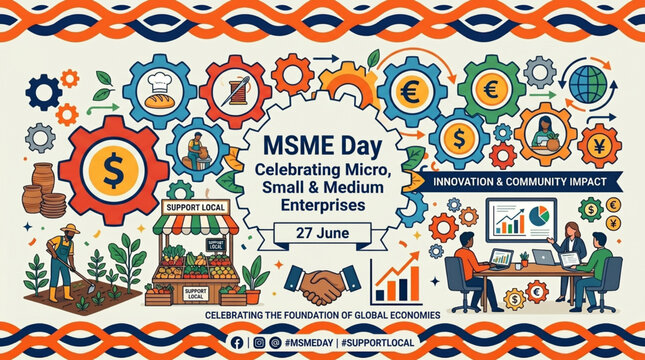 Financial and industrial gears poster for Micro Small and Medium Enterprises Day featuring currency symbols and local business growth concepts