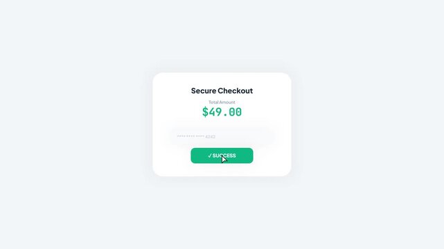 Descriptive UI animation of a secure checkout process with a credit card payment success message