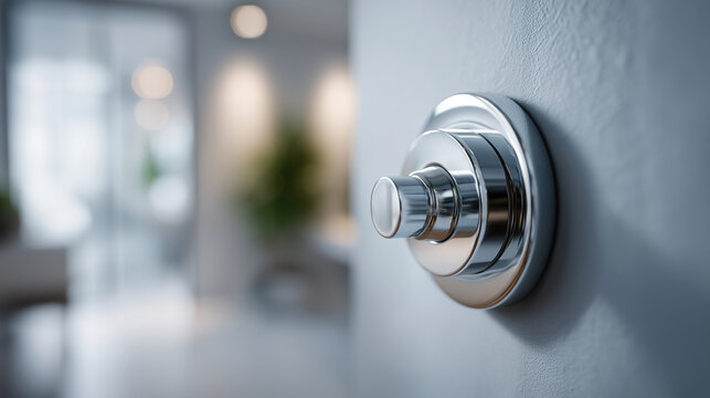 Depth of field focus on a modern dual-flush button mechanism, framed by a blurred foreground wall structure, background shows the soft-focus silhouette of a finished, high-end bath