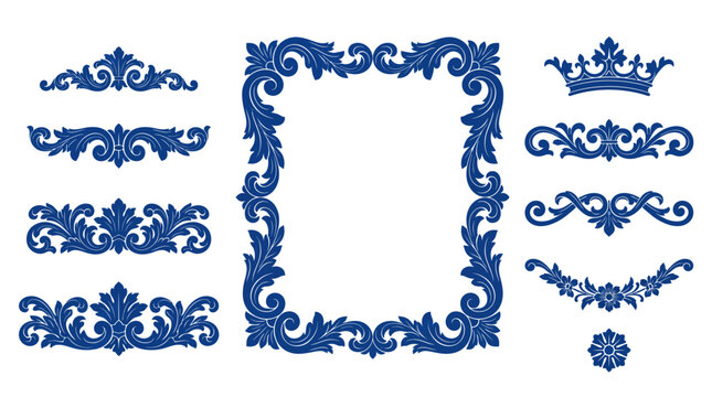 Blue ornate vintage scrollwork borders and frame with crown embellishments for invitations, weddings, branding, and decorative design
