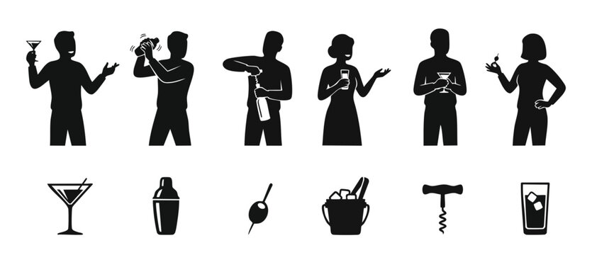 People drinking cocktails silhouettes set, bartending and party icons, set of men and women with alcoholic drinks, wine opener and shaker, isolated black flat vector illustrations for menu or hospital