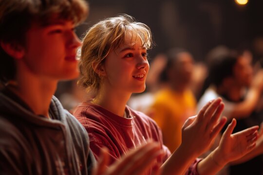 Young audience members clapping and smiling at live performance with warm golden stage lighting