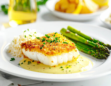 Panko crusted cod with butter garlic sauce, rice and asparagus, white plate. AI