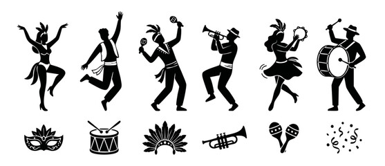 Carnival Dancers and Musicians Silhouette Set with Instruments and Festive Accessories for Brazilian Festival Celebration, Featuring Samba Dancers, Drummer, Trumpet Player, Maracas, Mask, and Party Co © Fernando
