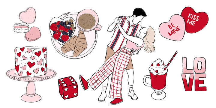 Dia dos Namorados, amor, romance, cora&ccedil;&atilde;o, casal, elementos gr&aacute;ficos, ilustra&ccedil;&atilde;o, desenho, vermelho, bolo,  rosa, est&eacute;tico, dado, croissant, caf&eacute;, dan&ccedil;a, bebida, macaron, caf&eacute; da manh&atilde;, comemora&ccedil;&atilde;o
