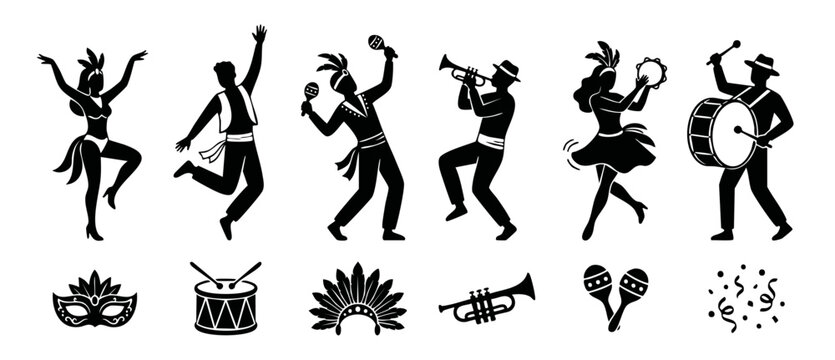 Carnival Dancers and Musicians Silhouette Set with Instruments and Festive Accessories for Brazilian Festival Celebration, Featuring Samba Dancers, Drummer, Trumpet Player, Maracas, Mask, and Party Co
