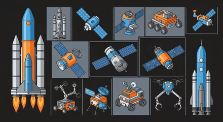 Collection of isometric space exploration vehicles and rockets on a dark background. © Aris