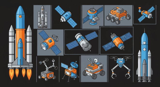 Collection of isometric space exploration vehicles and rockets on a dark background.