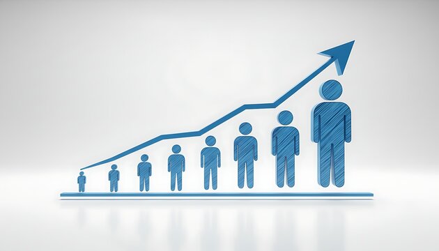 Conceptual population growth chart with blue human icons and arrow