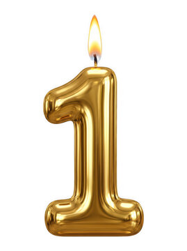 Golden number 1 candle isolated on transparent background