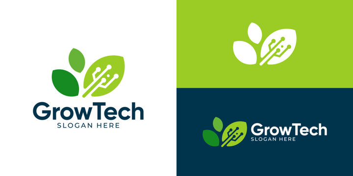Creative simple grow tech logo template. Leaves with circuit symbol for green tech logo design vector illustration.