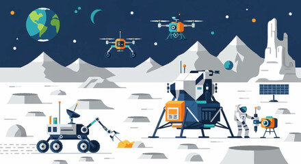 Astronauts and robots exploring the lunar surface with a lander and drones. © Aris