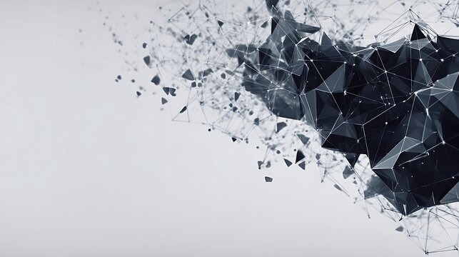Black geometric polygon structure dissolving into scattered white particles on light grey background