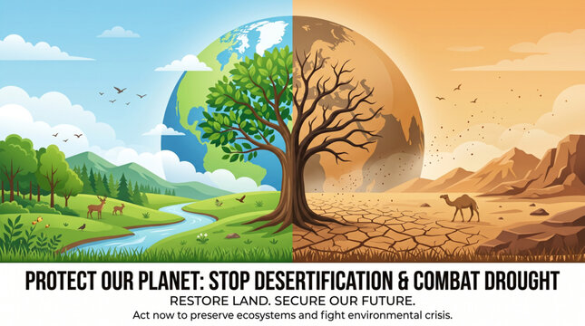 Environmental awareness poster with half green forest and half dry desert to combat desertification and stop drought for sustainable earth future